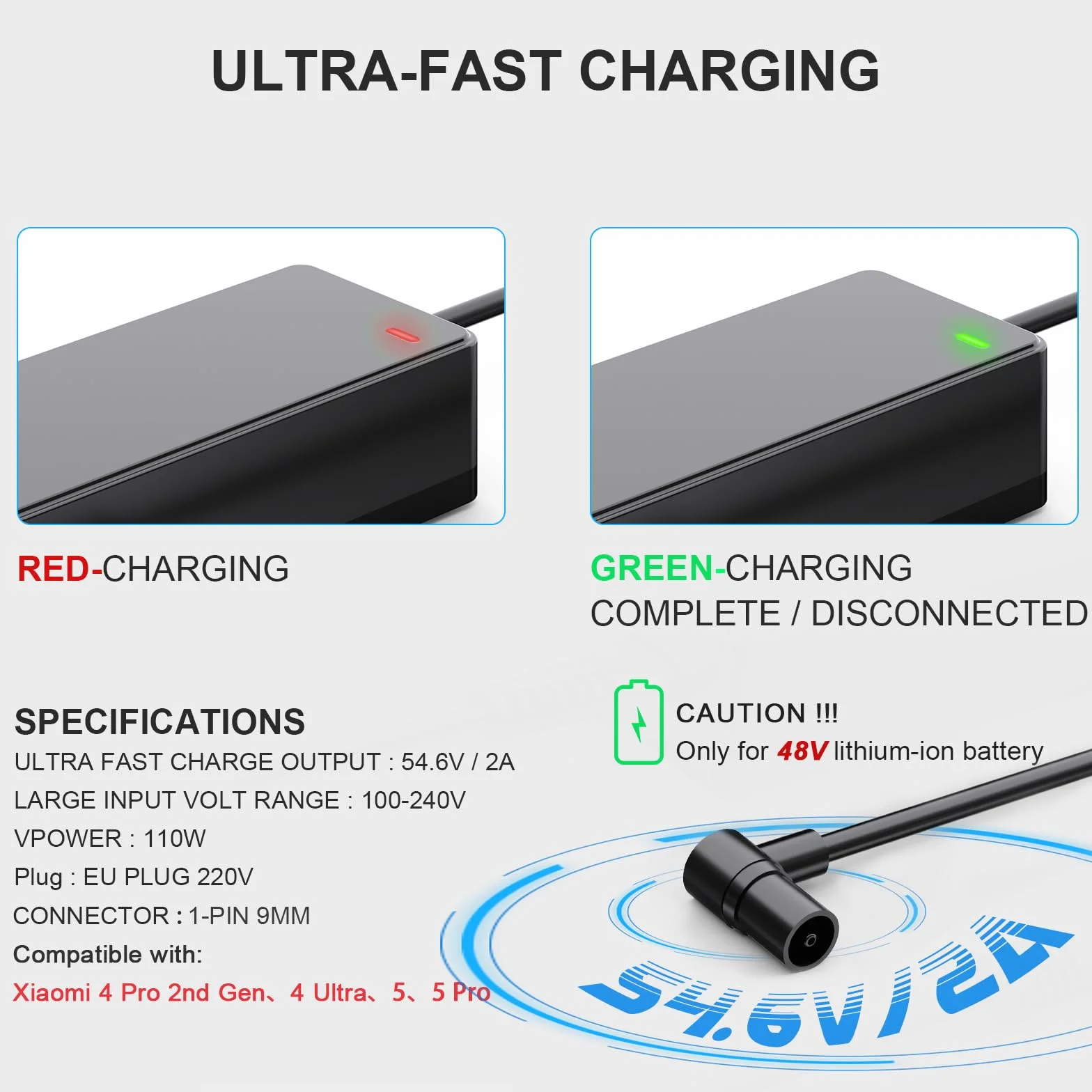 Mezelon Ładowarka do skutera elektrycznego, 54,6 V, 2 A, do 4 Pro 2. generacji, 4 Ultra, szybkie ładowanie